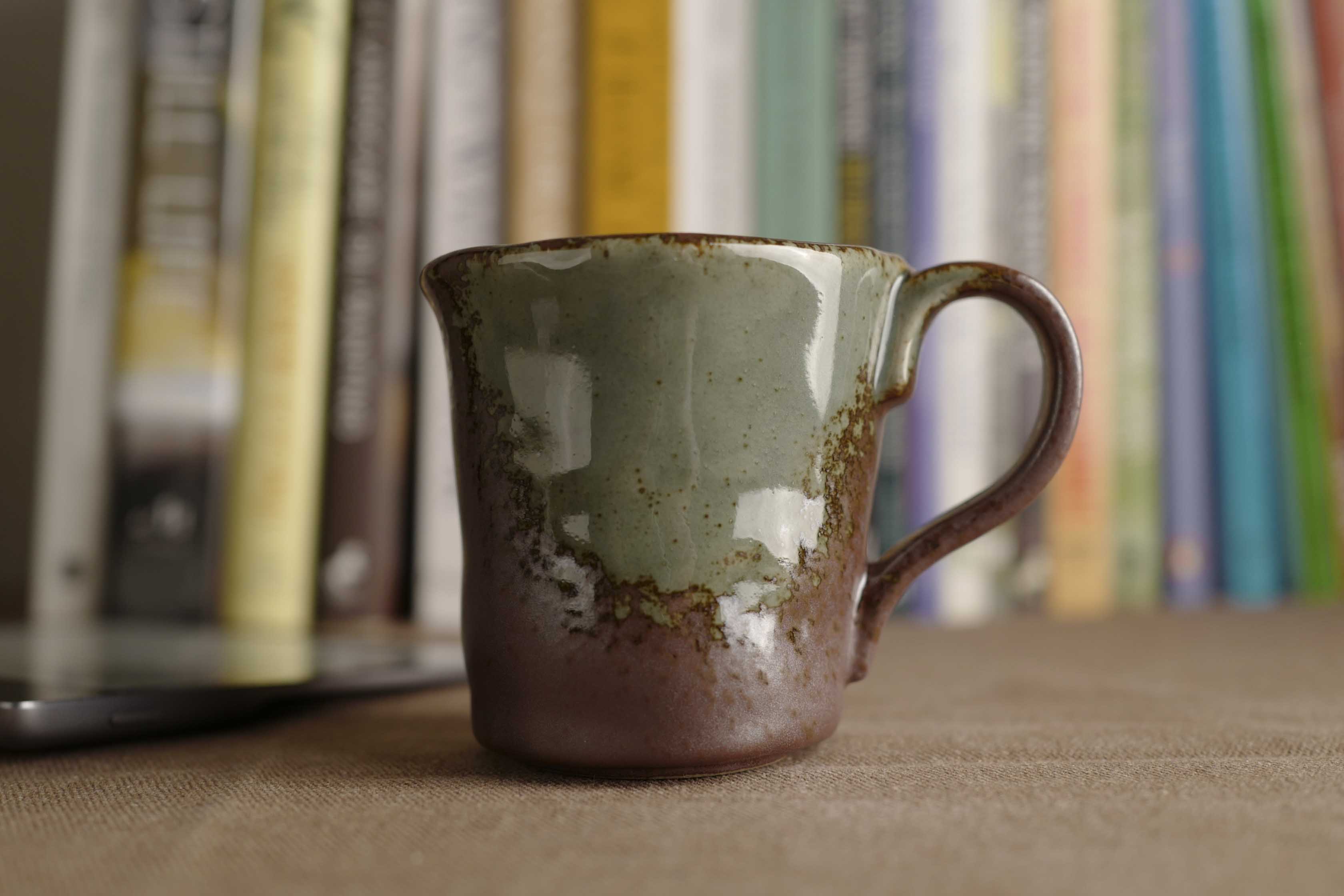 Handmade Ceramic Mug with Green and Brown Glaze – Stoneware Coffee and Tea Cup – Wabi-Sabi Japandi Pottery Gift for Minimalist Home