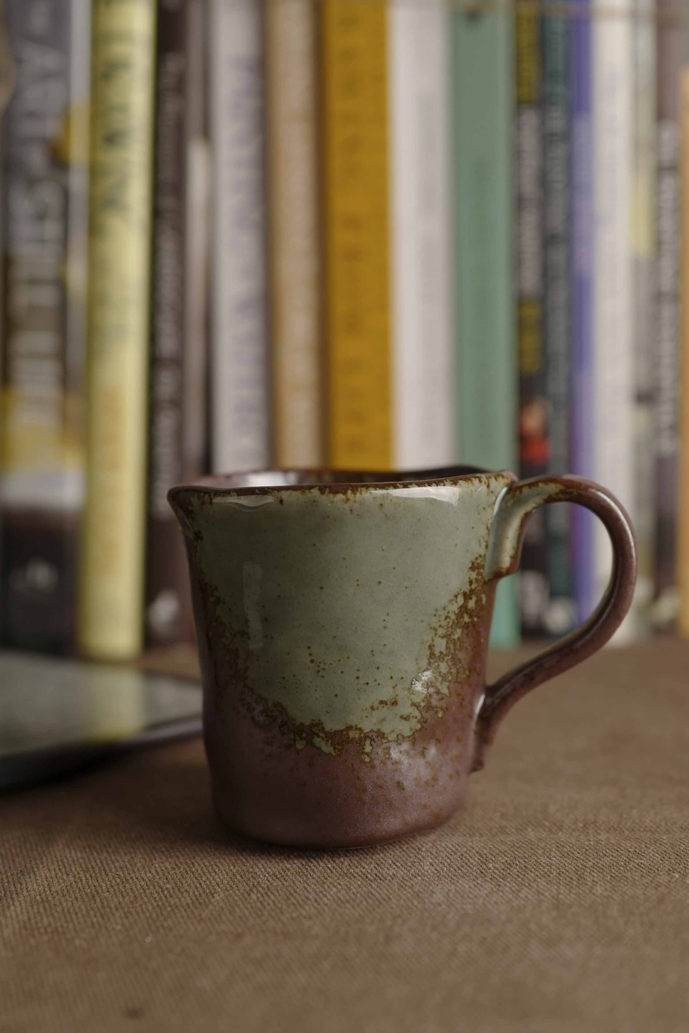 Handmade Ceramic Mug with Green and Brown Glaze – Stoneware Coffee and Tea Cup – Wabi-Sabi Japandi Pottery Gift for Minimalist Home