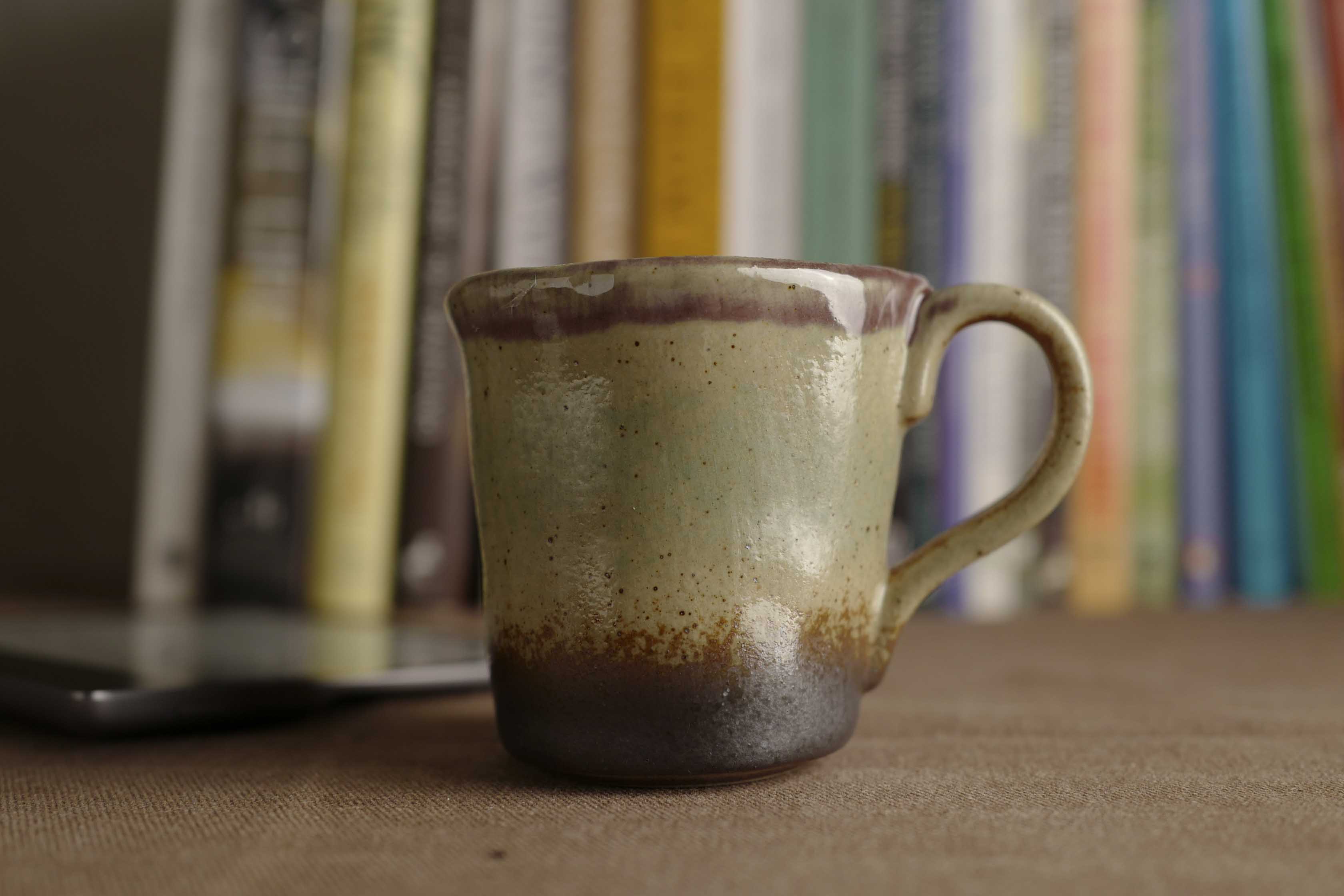 Handmade Ceramic Mug with Gradient Glaze – Stoneware Coffee and Tea Cup in Brown, Green and Plum – Japandi Wabi-Sabi Pottery Gift, 200ml