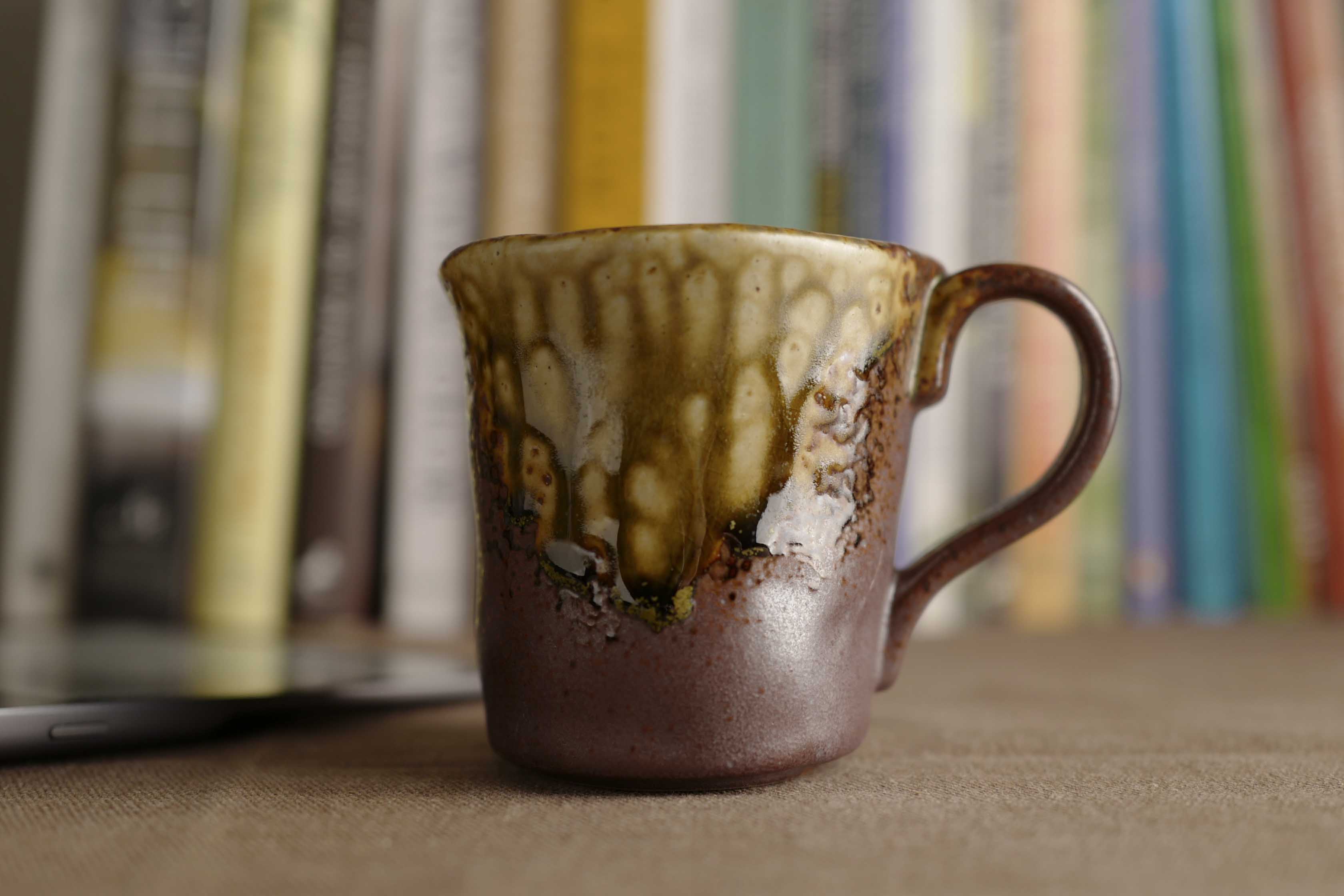Handmade Ceramic Mug with Drip Glaze – Brown and Caramel Stoneware Coffee Cup – Rustic Wabi-Sabi Japandi Pottery Gift for Art Lovers