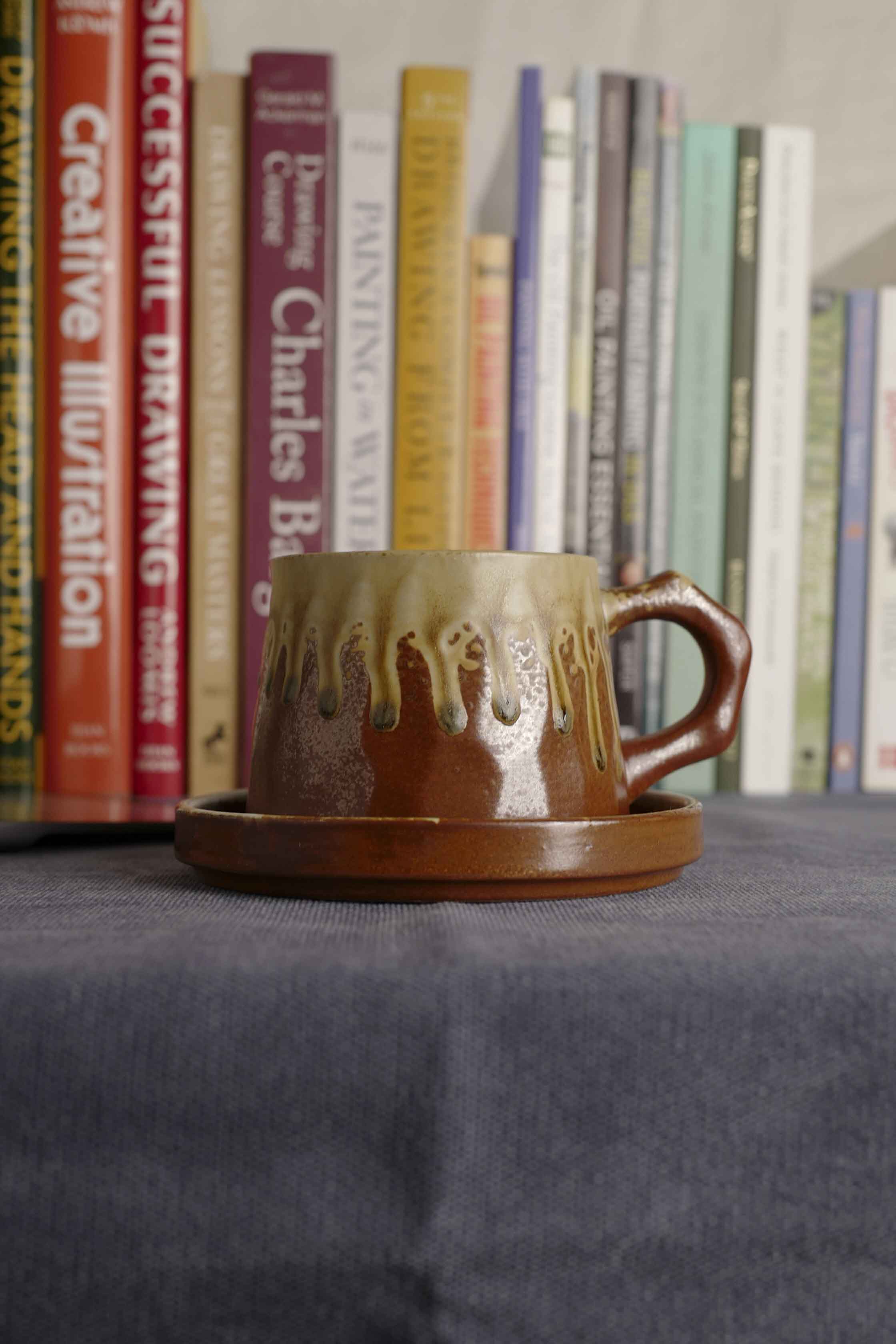 Handmade Raku Yaki Mug with Saucer: Wabi-Sabi Rustic Coffee Cup
