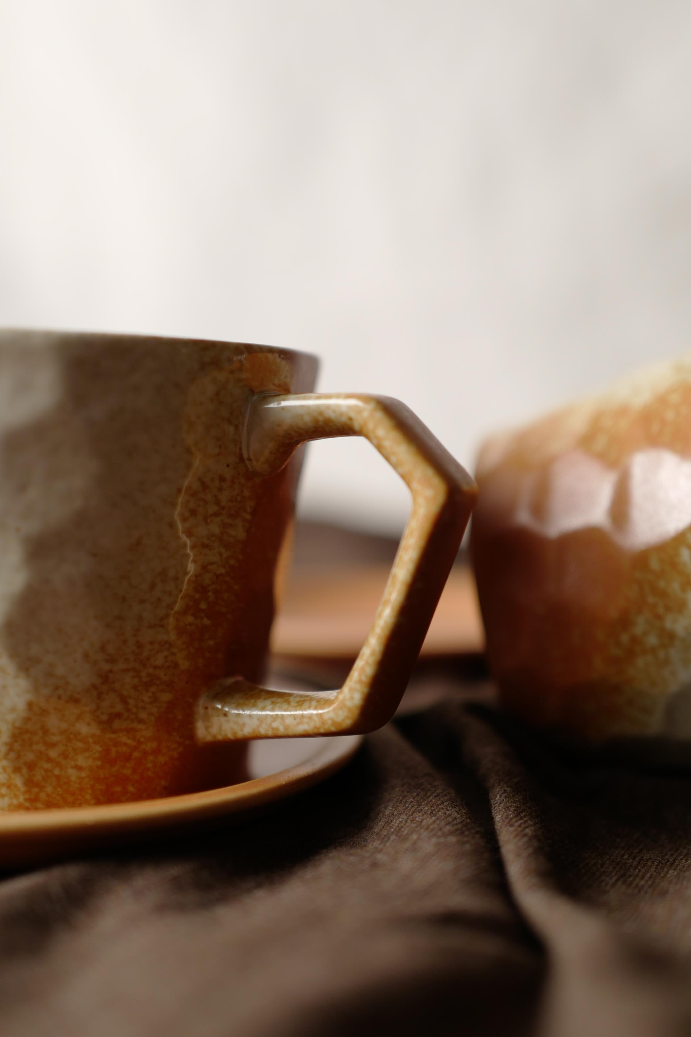 Ceramic Vintage Handmade Mug, 300ml, wabi-sabi stytle, 1pc with Saucer