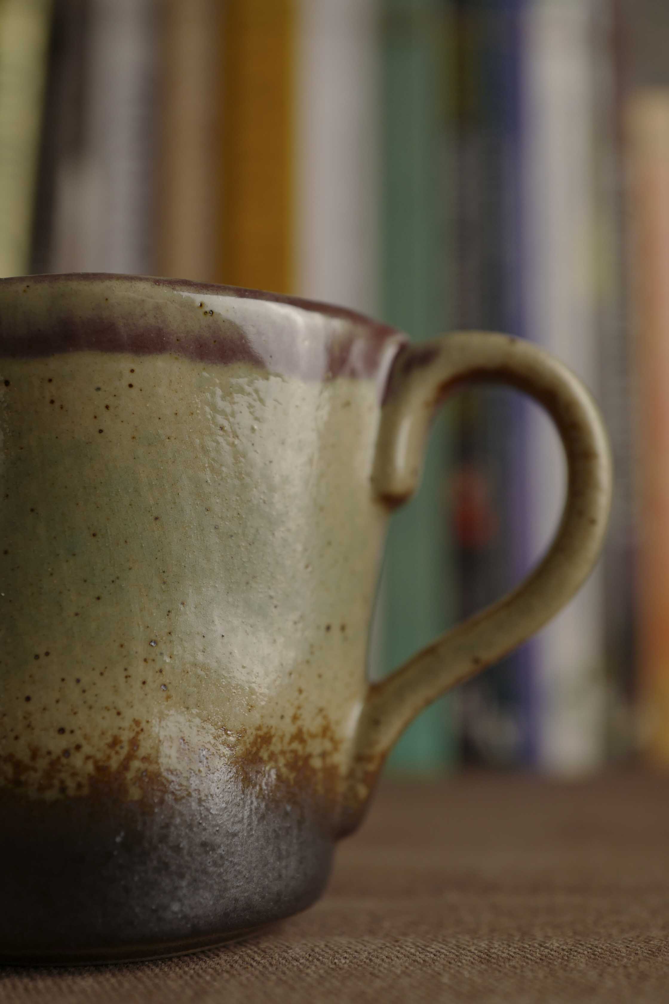 Handmade Ceramic Mug with Gradient Glaze – Stoneware Coffee and Tea Cup in Brown, Green and Plum – Japandi Wabi-Sabi Pottery Gift, 200ml