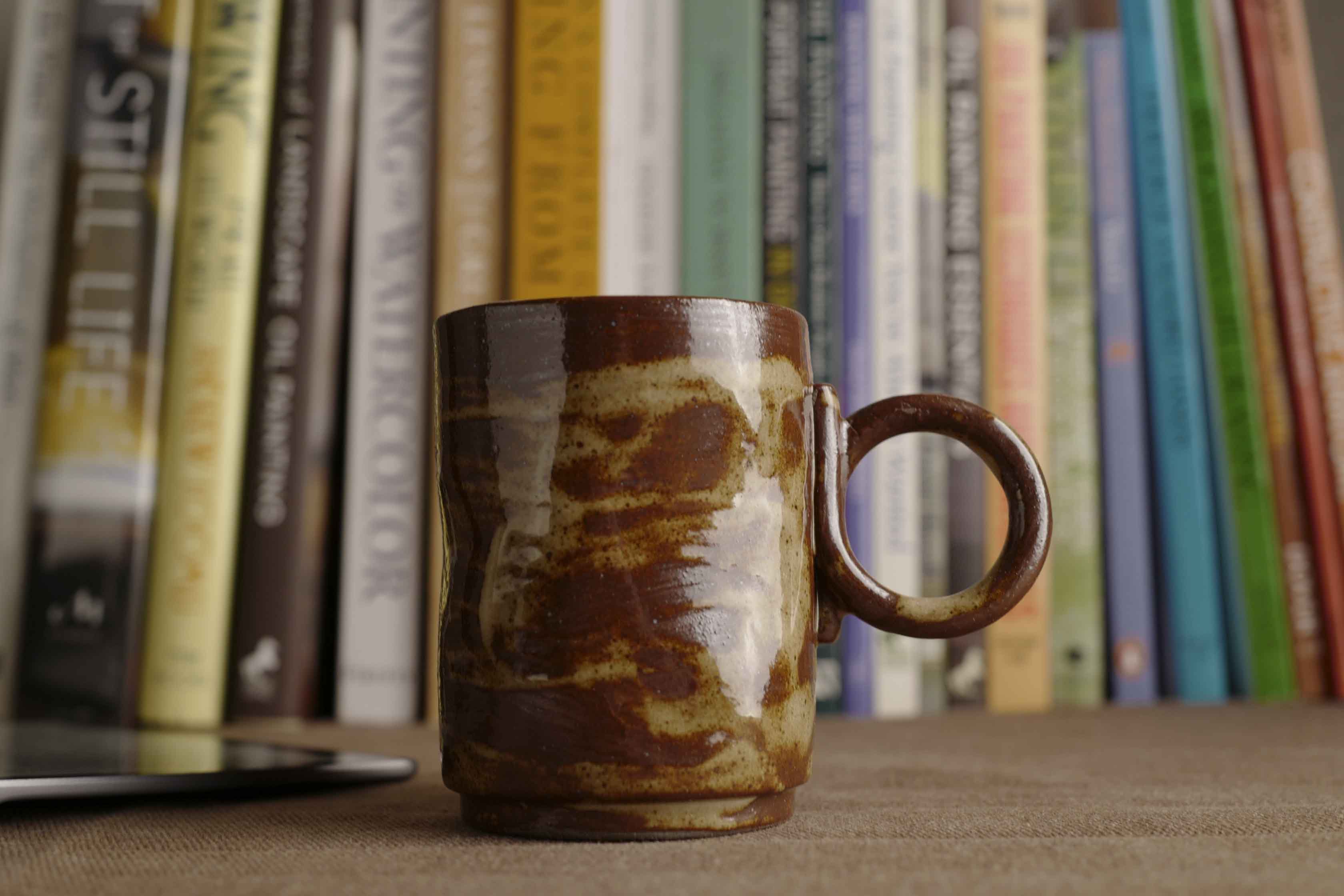 Handmade Ceramic Espresso coffee Mug - Caramel Marbled Glazed – Stoneware Raku Ware Cup with Round Handle – Wabi-Sabi Japanese Pottery Gift