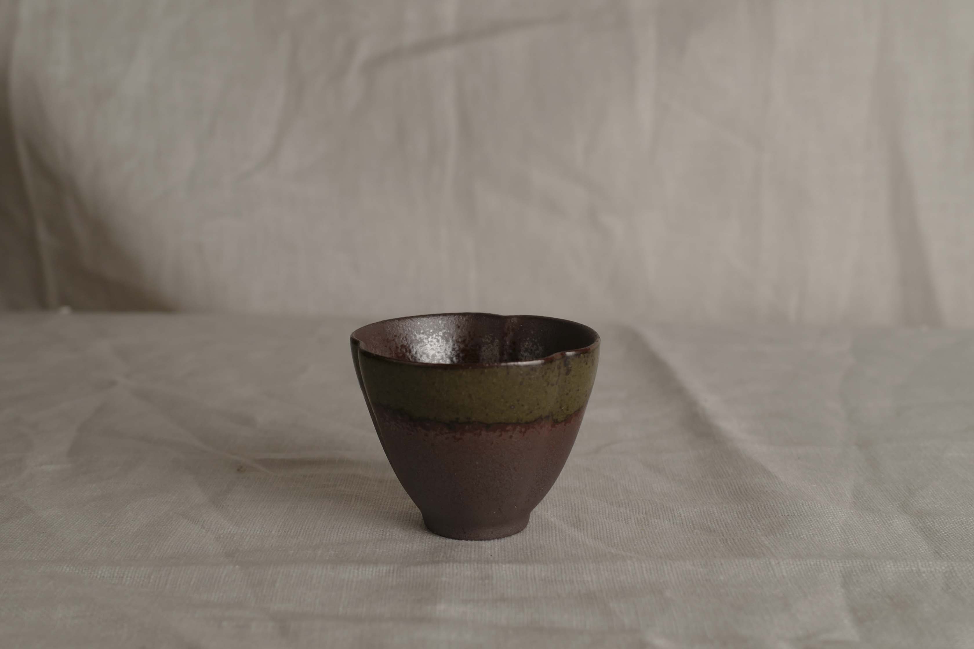 Handmade Rustic Dark Brown Ceramic Cup, Olive Rim Glaze – Small Stoneware Espresso Coffee Tea or Sake Cup WabiSabi Japandi Pottery Gift 90ml