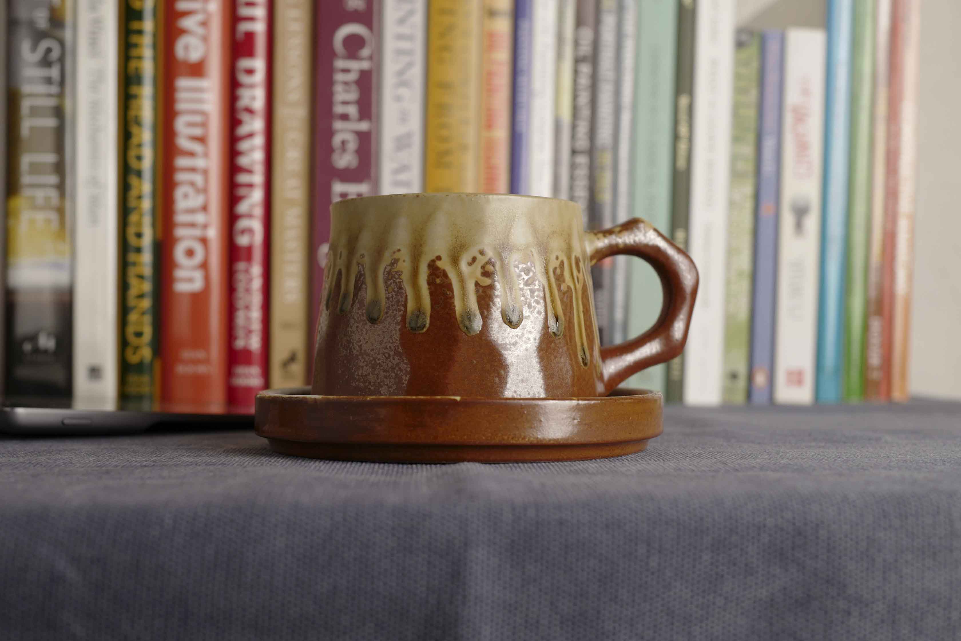 Handmade Raku Yaki Mug with Saucer: Wabi-Sabi Rustic Coffee Cup